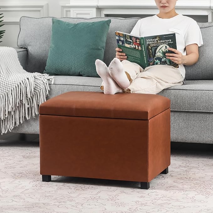 Joveco 24" Leather Storage Ottoman Bench, Rectangle Foot Rest Stool for Living Room, Bedroom, Entryway, Cognac Brown