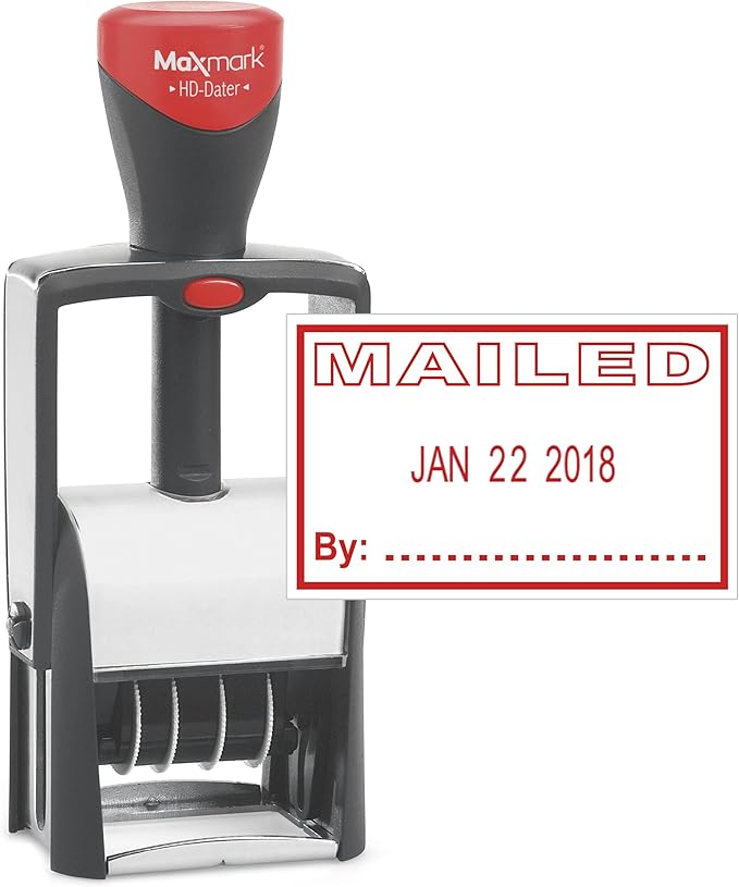 MaxMark Heavy Duty Self Inking Date Stamp with Phrase Mailed - Red Ink