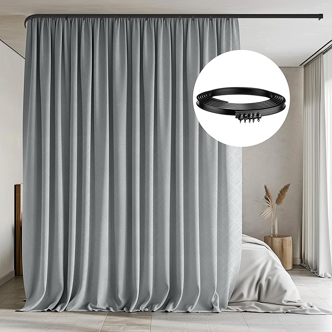 MaKefeile Room Divider Curtains with Flexible Ceiling Tracks Set,Blackout Curtain Ceiling Mount Curtain Track Privacy Room Dividers Ceiling Track Curtain Rod(Grey Drape & Black Rail W 10 × H 8 FT)