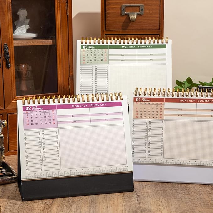Small Desk Calendar 2026, Standing Flip Desktop Calendar from Now to Dec 2026 - Metal Ring Twin-Wire Binding Monthly Desktop Calendar for Home Office School (kraft paper color)