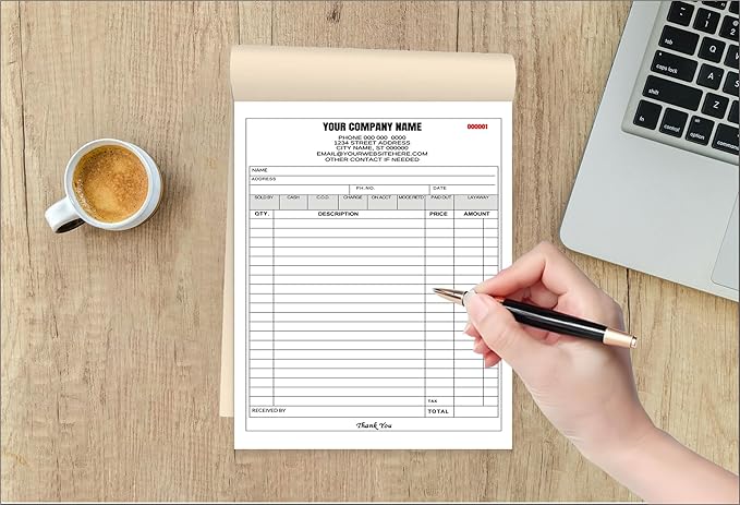 Custom Carbonless Invoice Book with Logo, Personalized Cover & Inner Pages, 2 Part NCR Receipt & Work Order Forms, Easy Tear, Writing Shield for Small Business (2-Part [White/Yellow], 8.3 x 5.5INCH)