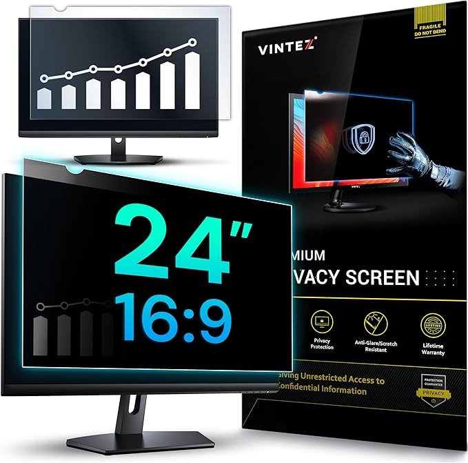 VINTEZ 24 Inch 16:9 Privacy Screen for Computer Monitor and Laptop - Anti Glare Protector Film Blue Light Filter Eye Protection - Computer Screen Privacy Shield, [1 Pack]