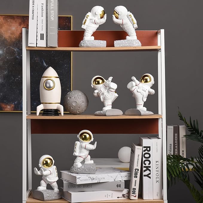 Kakizzy Space Decor Bookends, Resin Astronaut Bookshelf Ends for Kids Rooms Gold Book Ends for Heavy Books Fun Heavy Duty Book End Holder Astronaut Figurine Statue for Office Home Room(D-Gold)