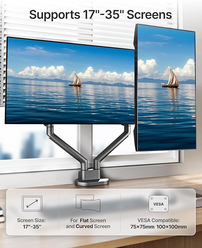 monTEK Dual Monitor Stand up to 35 inches Screen, Monitor Mount for 2 Monitors, Full Motion Adjustable Monitor Arm, VESA Mount with C-Clamp/Grommet Base, Holds 24.25lbs per Arm, Gray MA1010DG-D