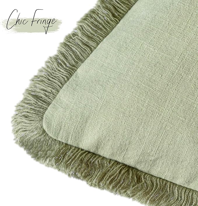 Foindtower Set of 2 Decorative Linen Fringe Throw Pillow Covers Boho Farmhouse Cushion Cover with Tassels Soft Accent Pillowcase for Couch Sofa Bed Living Room Home Decor,18×18 Inch,Light Sage Green