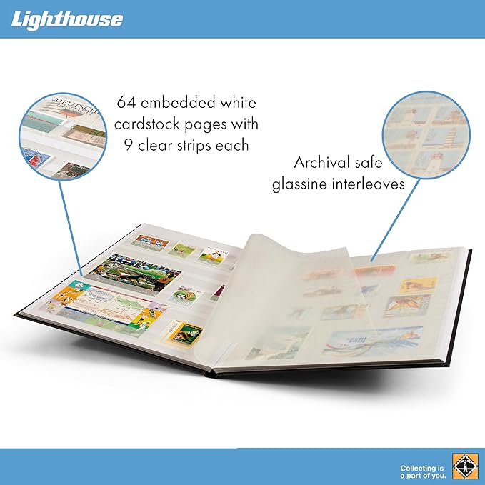 LIGHTHOUSE – “BASIC” Hard Cover Stockbook for Stamps - 64 White Cardstock 9”x12” (A4) Pages with Glassine Strips and Double Linen Hinges - Blue