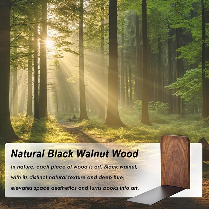 VIVTOB Book Ends, Black Walnut Wooden Bookends for Shelves - Heavy Duty Non-Slip Book Organizers, Upgraded Decorative Bookend Holders for Home, Kitchen, Office, Set of 2, Small