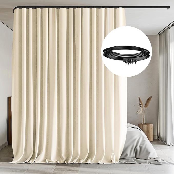 MaKefeile Room Divider Curtains with Flexible Ceiling Tracks Set,Blackout Curtain Ceiling Mount Curtain Track Privacy Room Dividers Ceiling Track Curtain Rod(Beige Drape & Black Rail W 10 × H 9 FT)