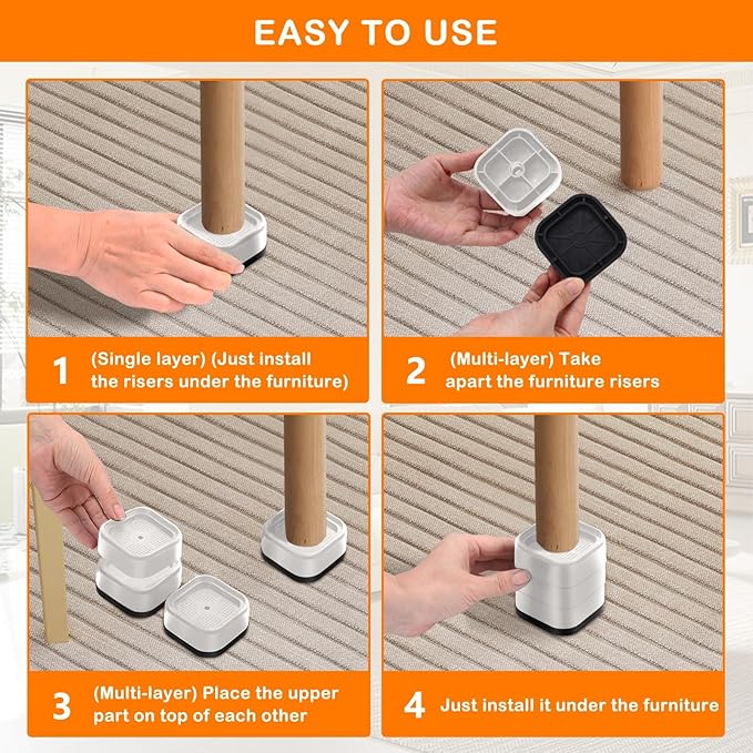 shouwuhho 18 Pack Furniture Risers Adjustable Bed Risers Heavy Duty Lifts Height 1", Square Stackable Bed Risers 1, 2 or 3 Inch for Desk Leg Table Couch Sofa Chair Bed Frame Legs Dorm, White