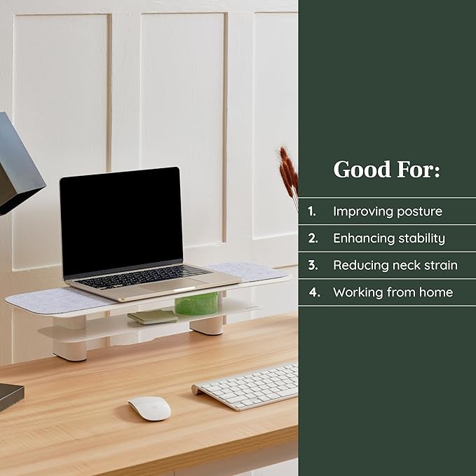 Branch Monitor Stand - Elegant, Durable Powder-Coated Steel Stand with Soft Felt Liner - Small Monitor Riser Second Tier Storage - Installs with a Universal Clamp for Ergonomic Workspace - White