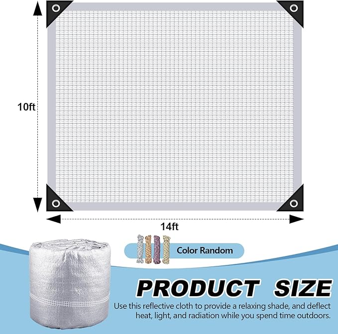 99% Aluminet Shade Cloth Reflective Tarp 10 x 14 ft Aluminium Cloth Porch Privacy Screen with Grommets for Car Garden Pergola Patio Sun Shade Kennel Cover Durable Mesh Canopy Cover Easy Setup