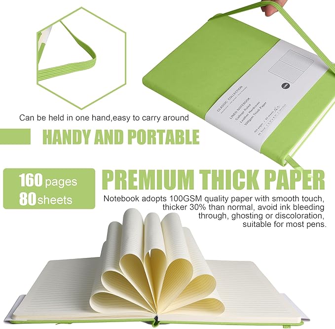 EMOMAS Lined Journal Notebook, 6Pack Hardcover Notebook for Men & Women – Journals for Writing, Work, School, Home & Daily Notes, 160 Pages – Medium A5, 5.7"x8", 100 gsm Thick Paper (Grass Green)