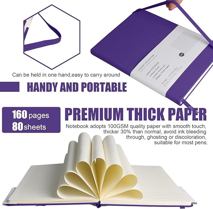 EMOMAS Lined Journal Notebook, 6Pack Hardcover Notebook for Men & Women – Journals for Writing, Work, School, Home & Daily Notes, 160 Pages – Medium A5, 5.7"x8", 100 gsm Thick Paper (Purple)