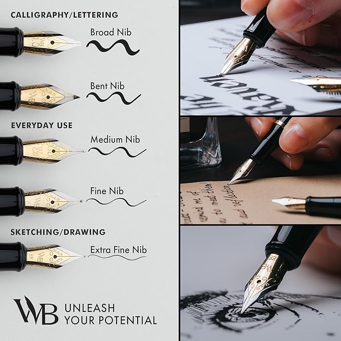 Wordsworth & Black Fountain Pen Set, 18K Gilded Broad Nib, Includes 6 Pack Ink Cartridges, Ink Refill Converter & Gift Box, Gold Finish, Calligraphy, [Silver Gold], Perfect for Men & Women