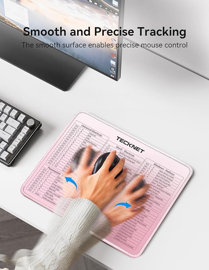 TECKNET Shortcut Mouse Pad for Excel Word PowerPoint Windows, Non-Slip Waterproof Office Desk Mat-11.6x9.8 Inch, 68 Keyboard Shortcuts, Portable Computer Mouse pad, Durable, Clear Printing, Pink