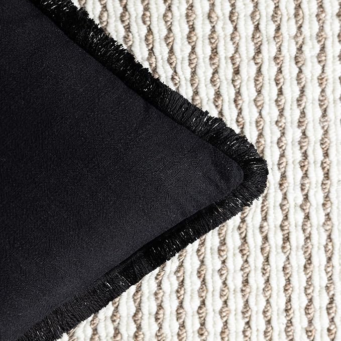 Foindtower Set of 2 Decorative Linen Fringe Throw Pillow Covers Cozy Boho Farmhouse Cushion Cover with Tassels Soft Accent Pillowcase for Couch Sofa Bed Living Room Home Decor, 24×24 Inch, Black