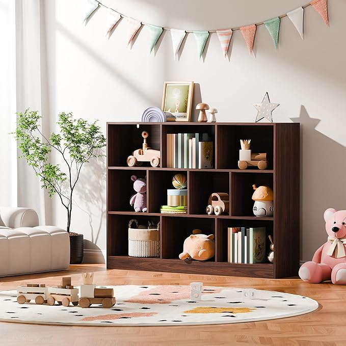 Cozy Castle Brown Bookshelf, 3-Tier Open Shelf Bookcase, 10 Cube Storage Organizer with Anti-Tilt Device, Freestanding Book Storage Shelves for Bedroom, Living Room