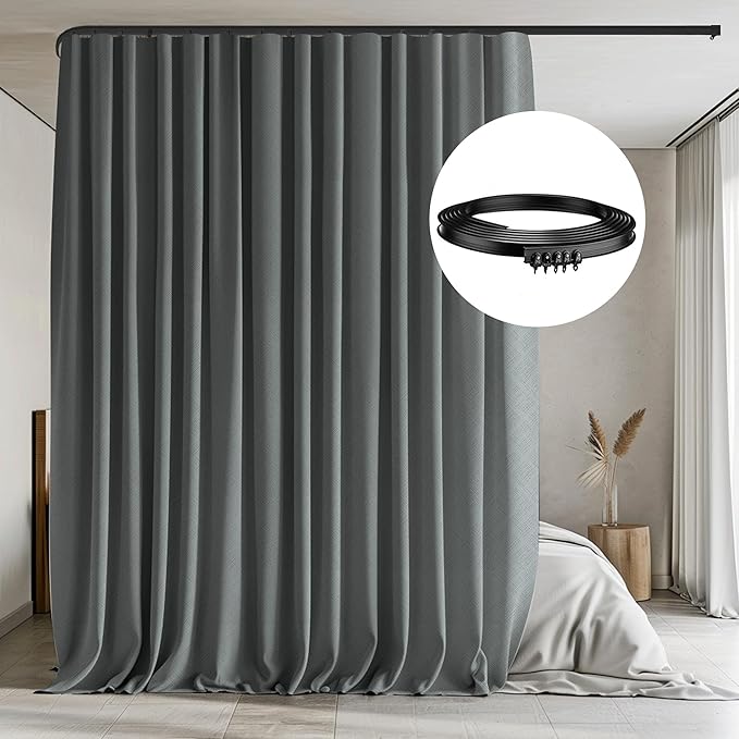Room Divider Curtains with Flexible Ceiling Tracks Set,Blackout Curtain Ceiling Mount Curtain Track Privacy Room Dividers Ceiling Track Curtain Rod(Dark Grey Drape & Black rail W 8.3 × H 7 FT)