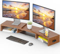 BONTEC Dual Monitor Stand Riser with Smartphone Holder, Adjustable Length & Swivel Angle, Ergonomic Wooden Desktop Organizer for PC Monitor, Laptop, Printer, Large Storage, Walnut