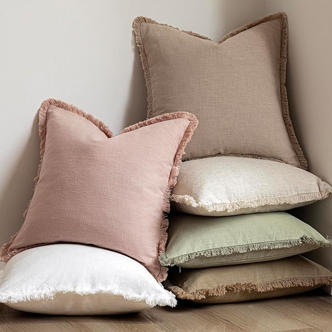 Foindtower Set of 2 Decorative Linen Fringe Throw Pillow Covers Cozy Boho Farmhouse Cushion Cover with Tassels Accent Pillowcase for Couch Sofa Bed Living Room Home Decor,26×26 Inch,Light Sage Green