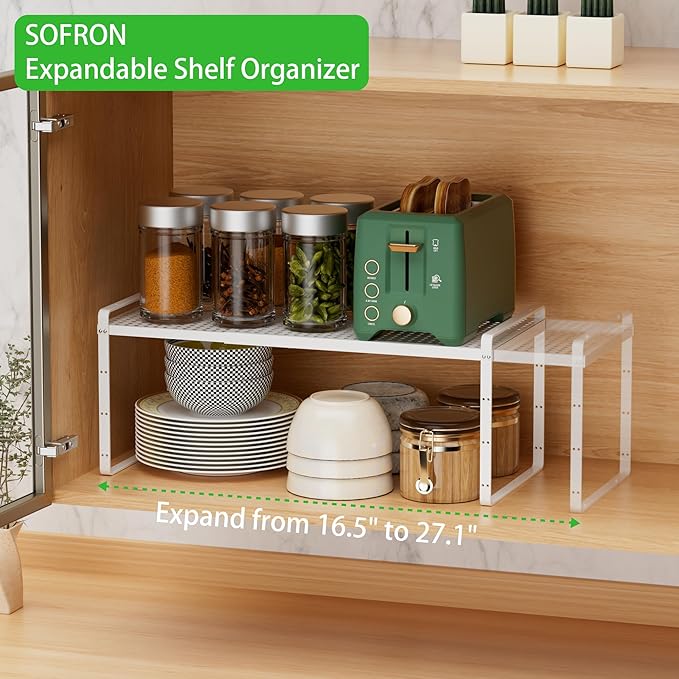 SOFRON Expandable Cabinet Storage Shelf Stackable Organizer Rack for Kitchen Bathroom Pantry Spice Cupboard Coffee Countertop Home Office Desk Heavy Duty Nonslip White Small 1 Pack