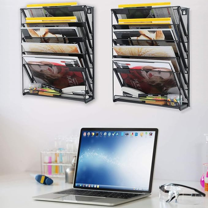 samstar 2 Pack Wall File Organizer, 6-Tier Wall Mount Paper Holder Vertical File Rack for Office Home, Black.