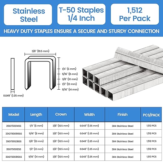 meite T-50 Staples Marine, 1/4 Inch 304 Stainless Steel Staples for Staple Gun, Heavy Duty 20 Gauge 3/8 Inch Crown T-50 Upholstery Staple for Marine Applications (5 Packs)