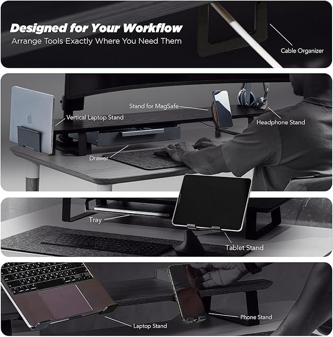 ULTRARM Moodular Wooden Monitor Stand 33.4” (85cm) Desk Organizer with Metal Slide Rails for Drawer, Tray, Laptop, Tablet, Phone & Headphones Customizable Riser for Organized Workspace Black MS85-B