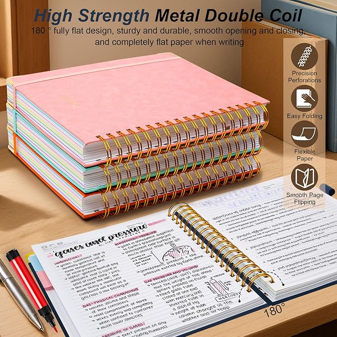 Hardcover Spiral Notebook 8.5"x11" Journal Notebook with Tabs and Removable Dividers 300 Pages 5 Subject Notebook College Ruled, Faux Leather Spiral Bound Notebook for Women School Work(Dark Blue)
