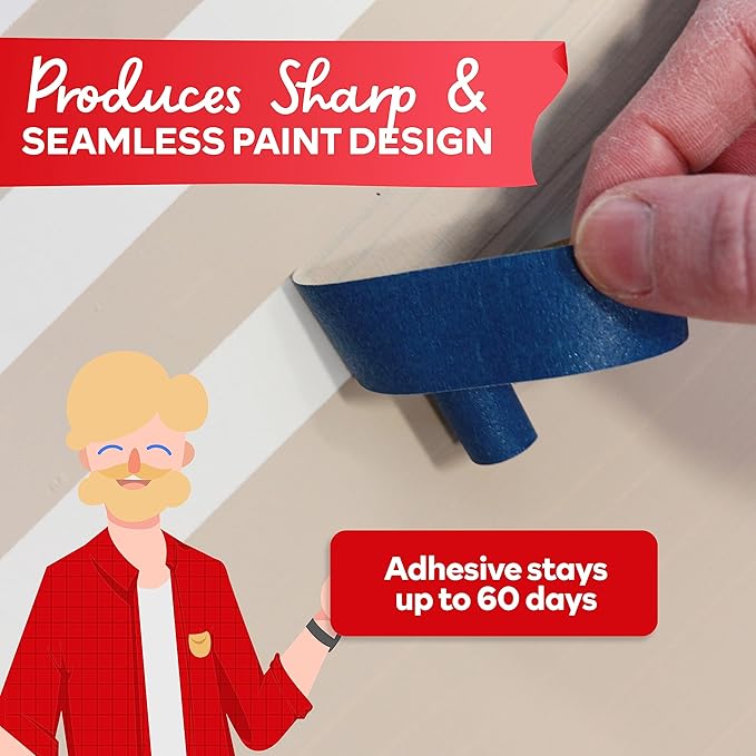 XFasten Professional Blue Painters Tape, Multi-Use, 3/4 Inches x 60 Yards (3-Pack) - Produces Sharp Lines and Residue-Free Artisan Grade Clean Release Wall Trim Tape