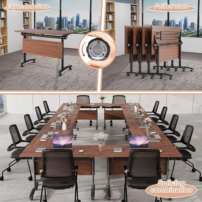 Conference Table Flip Top Mobile Conference Room Tables,Folding Conference Table with Wheels,Large Meeting Training Seminar Table Saving Space for Office Classroom(6D,61'')