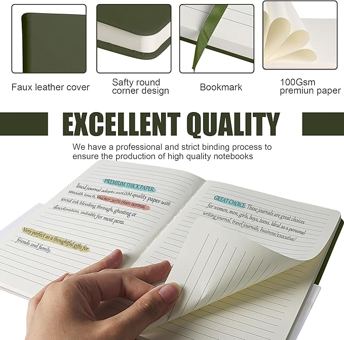 EMOMAS Lined Journal Notebook, 6Pack Hardcover Notebook for Men & Women – Journals for Writing, Work, School, Home & Daily Notes, 160 Pages – Medium A5, 5.7"x8", 100 gsm Thick Paper (Olive Green)