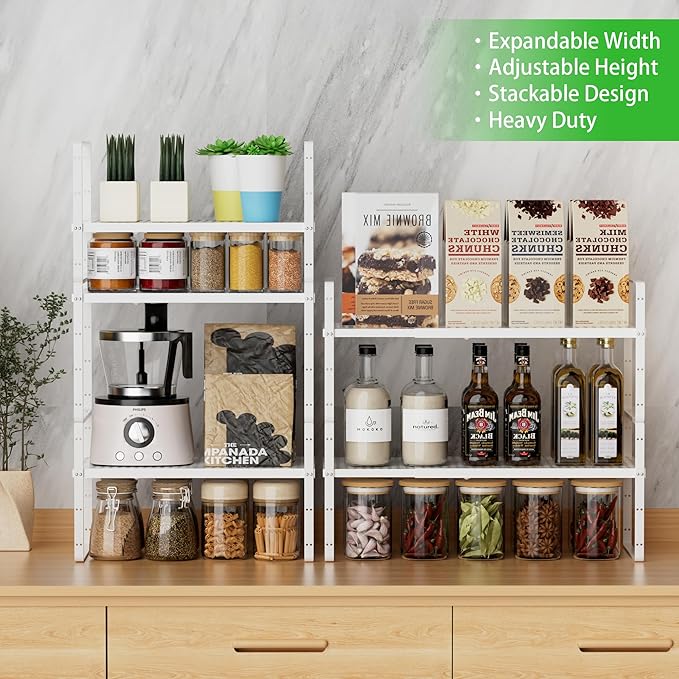 SOFRON Expandable Cabinet Storage Shelf Stackable Organizer Rack for Kitchen Bathroom Pantry Spice Cupboard Coffee Countertop Home Office Desk Heavy Duty Nonslip White Large 2 Packs