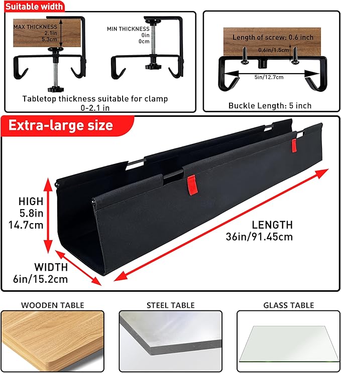 AHOMO,Under Desk Cable Management,No Drill 36",cord organizer,with Silicone Pads (No Scratch!)16 Cable Ties,Washable PE Honeycomb Base,Clamp/Screw Mount-Fits Any Desk 0-2.1",No Stinky Cardboard! Black