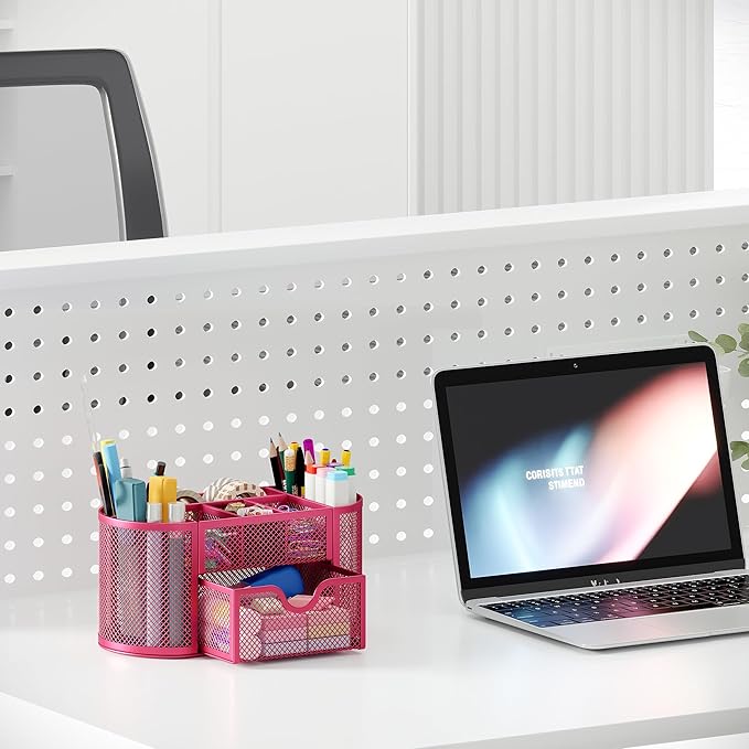 EasyPAG Mesh Pen Holder Desk Organizer with Drawer Stationery Supplies Organizer for Dorm School 9 Compartments Workspace Desk Accessories Organization for Office, Hot Pink