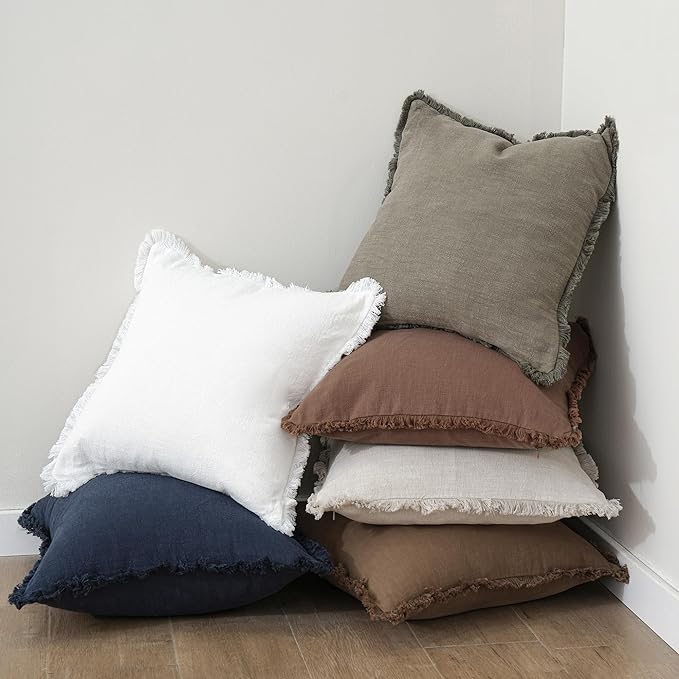 Foindtower Set of 2 Decorative Linen Fringe Throw Pillow Covers Cozy Boho Farmhouse Cushion Cover with Tassels Soft Accent Pillowcase for Couch Sofa Bed Living Room Home Decor,12×24 Inch,White