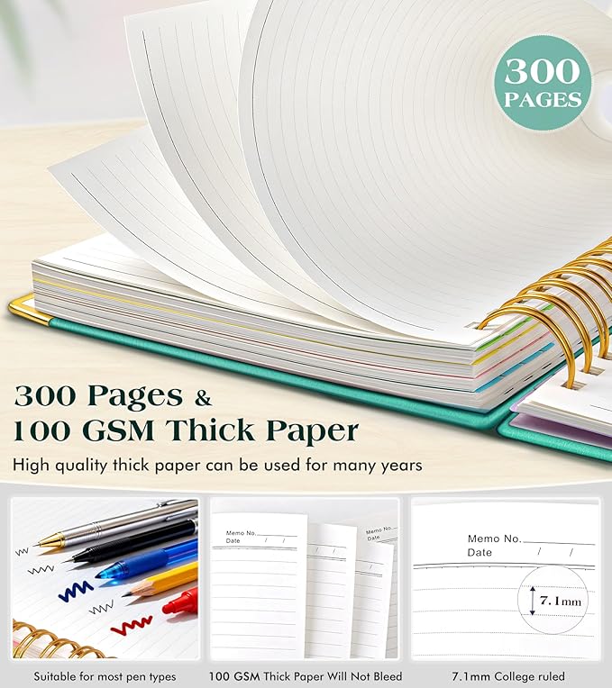 Spiral Notebook Journal with Removable Dividers Tabs, 300 Pages Hardcover Leather 5 Subject College Ruled Notebook, 8"x10" Large B5 Lined Journal for Women Men, Spiral Notebooks for Work School, Teal
