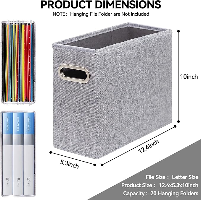 ComfortKeeper 4 Packs Letter Size File Organizer, File Folders Organizer, Fabric Storage Box, Collapsible Paper Organizer with Metal Handle, Smooth PVC Rails, Only Box (Gray)