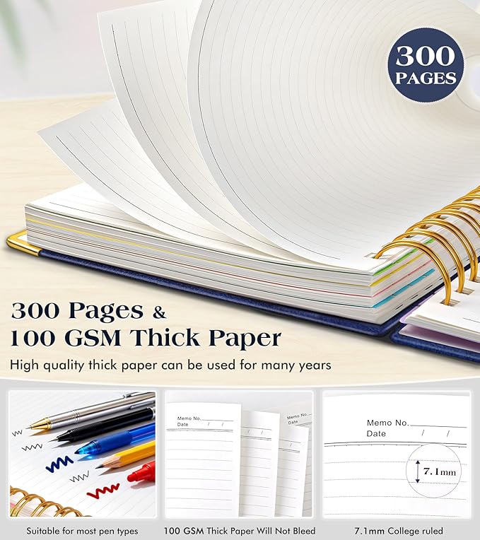 Spiral Notebook Journal with Removable Dividers Tabs, 300 Pages Hardcover Leather 5 Subject College Ruled Notebook, 8.5"x11" Large A4 Lined Journal for Women Men, Spiral Notebook for Work School, Navy