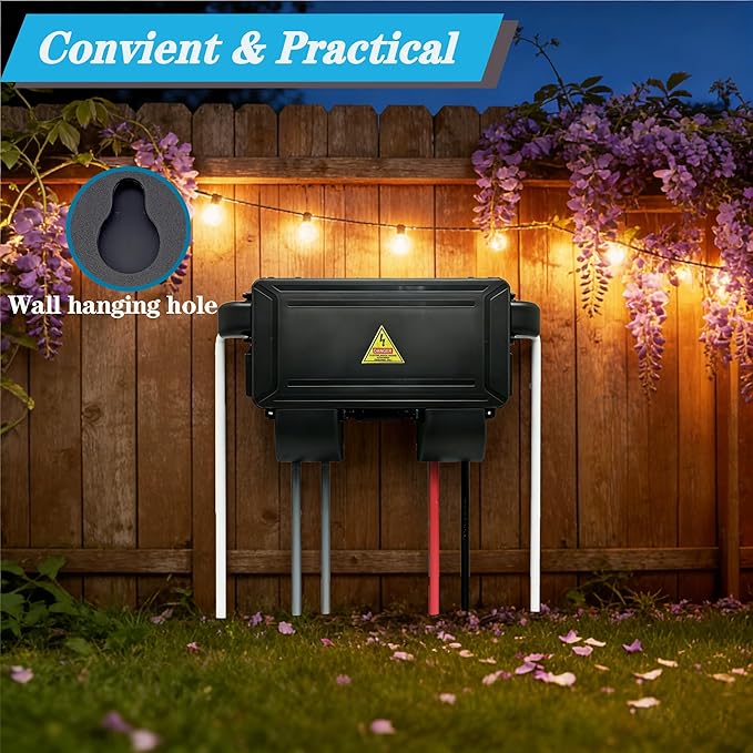 DIQIMIAQ Medium Outdoor Electrical Box(inner 10.3*4.8*3.1inch) With Waterproof shield, Waterproof Extension Cord Cover w/6 Cable , Weatherproof Connection Box Protect for Plug,Connector (Black, 2PCS)