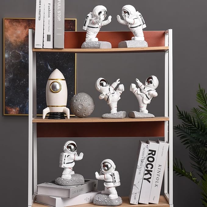 Kakizzy Book End Holder, Astronaut Bookends Outer Space Themed Astronaut Figurine Decorative Book Stoppers to Hold Books Heavy Duty Bookshelf Ends for Kids Rooms Space Decor Bookends (A-Silver Color)