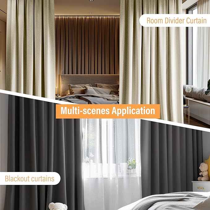 MaKefeile Room Divider Curtains with Flexible Ceiling Tracks Set,Blackout Curtain Ceiling Mount Curtain Track Privacy Room Dividers Ceiling Track Curtain Rod(Black Drape & Black Rail W 8.3 × H 7 FT)