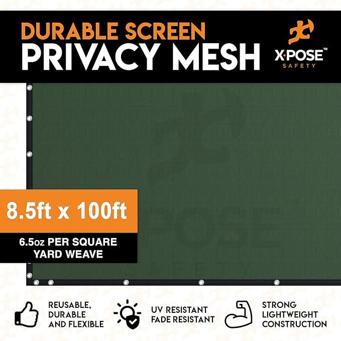 Xpose Safety Privacy Fence Screen 8.5’ x 100’ – Heavy Duty Green Mesh with 90% Visibility Block, UV Protection – for Garden, Yard, Nursery, Kennel, Dog Run, Greenhouse
