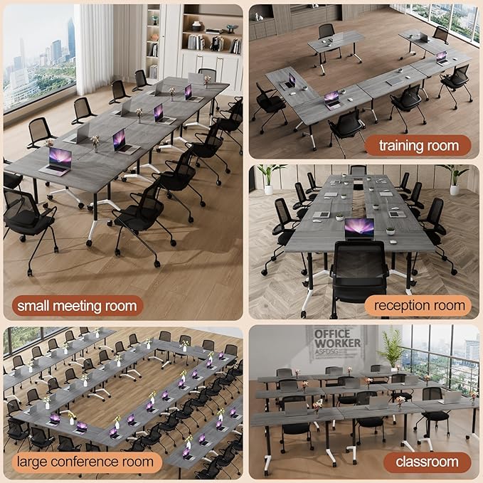 Folding Conference Table 4ft 5ft, Foldable Office Meeting Desk for 6 People, Multiple Sizes Colors Mobile Conference Room Table for Training Room School Business Furniture (2, Grey, 55in)