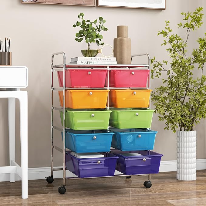 GOFLAME 10-Drawer Rolling Storage Cart, Art Craft Storage Organizer on Wheels, Multipurpose Movable Utility Cart for School, Office and Home, Rainbow