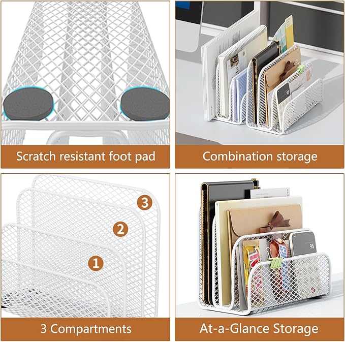 gianotter Mail Organizer Countertop, Metal File Holder with 3-Slot, Bill Organizer for Office Receipts and Letter Paper Storage (White)