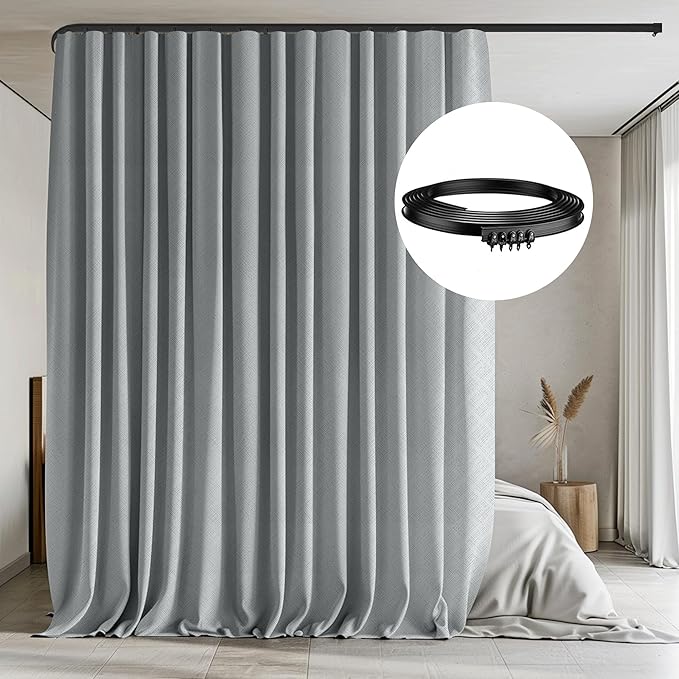 MaKefeile Room Divider Curtains with Flexible Ceiling Tracks Set,Blackout Curtain Ceiling Mount Curtain Track Privacy Room Dividers Ceiling Track Curtain Rod(Grey Drape & Black Rail W 10 × H 7 FT)