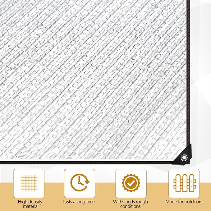 Mindsoft 70% Aluminet Shade Cloth Reflective Tarp 10 x 20 ft Aluminum Cloth Porch Privacy Screen with Grommets Durable Mesh Canopy for Car Garden Patio Pergola Sun Shade Cover(1 Set)