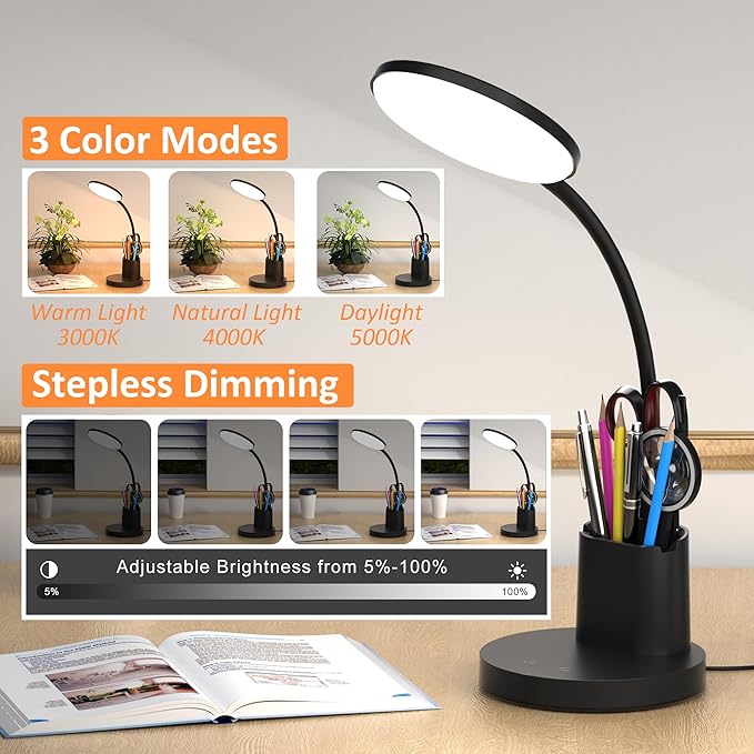 Vicsoon Desk Lamp, LED Desk Lamp for Home Office, Touch Table Lamp with 3 Color Modes 360° Adjustable Arm, Dimmable Desk Light with Pen Phone Holder, Black