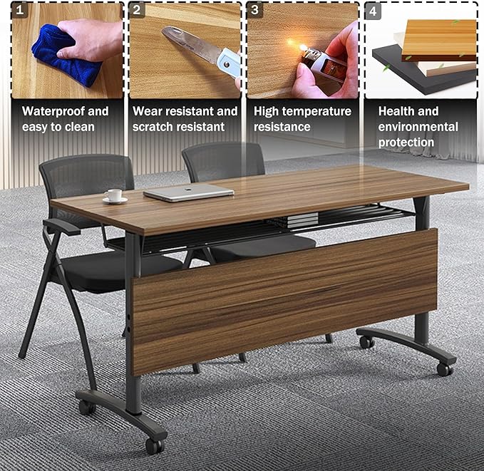Folding Conference Table,Mobile Office Conference Room Tables with Casters,Rolling Meeting Seminar Table,Flip Top Mobile Training Table,Modular Business Seminar Tables for Office Meeting Room(62.9in)